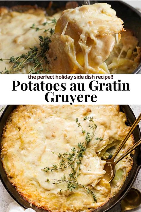 Potatoes au Gratin Gruyere - The BEST Potatoes au Gratin Gruyere! This is the perfect holiday side dish recipe - it's packed with flavor and sure to be a family favorite! #potatoesaugratingruyere #potatoesaugratingruyerecheese #potatoesaugratinwithgruyere #gruyerepotatoesaugratin Shredded Potato Gratin, Mashed Potatoes Au Gratin Recipe, Au Gratin Potato Recipes With Gruyere, Gruyère Potato Casserole, Gruyere Potatoes Au Gratin, Au Gratin Potatoes For A Crowd, Julia Childs Shredded Potato Gratin, Au Gratin Potatoes Gruyere, Potatoes Au Gratin Gruyere