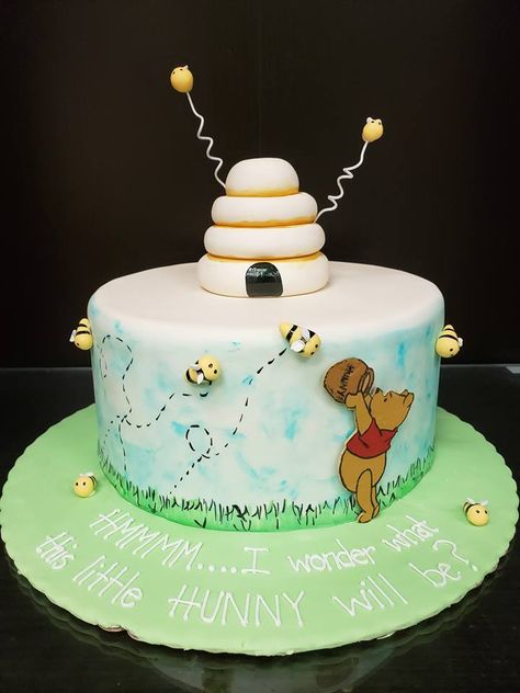 Winnie the Pooh Gender Reveal Cake Gender Reveal Cake Winnie The Pooh, Gender Reveal Ideas For Party Winnie The Pooh, Whinney Pooh Gender Reveal, Disney Gender Reveal Cake, Winnie The Poo Gender Reveal Ideas, Gender Reveal Themes Disney, Pooh Gender Reveal Cake, Pooh Gender Reveal Party, Winnie The Pooh Gender Reveal Cake