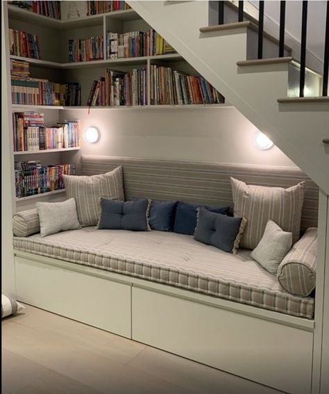 Under Stairs Alcove, Understairs Library Ideas, Under The Stairs Bookcase, Staircase Nook Ideas, Under The Stairs Book Nook, Under Stairs Bookshelf, Under Stairs Book Nook, Under Stair Reading Nook, Stairs In Living Room Small Spaces