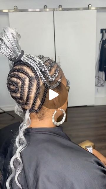 Silver Cornrows Braids, Gray Hair Braids Black Women, Braided Bun With Curls, Gray Braids For Black Women, Silver Braids For Black Women, White Braids For Black Women, Gray Braids For Black Women Silver Hair, Salt And Pepper Braids Black Women, Platinum Braids