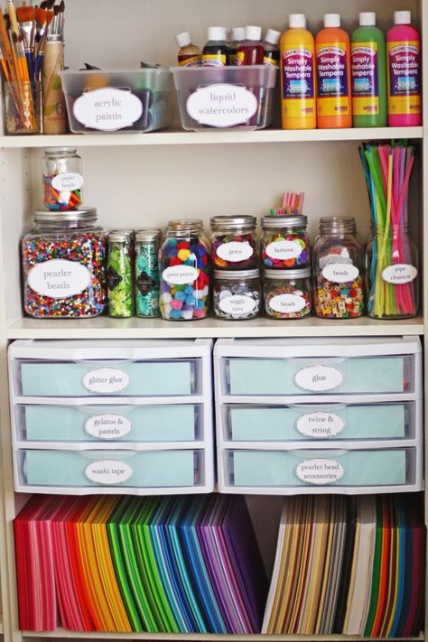 Art Room Paper Storage, Paint Organization Diy Dollar Stores, Mason Jar Craft Storage, Organize Construction Paper, Organize Cardstock, Art Area Ideas, Construction Paper Organization, How To Organize Art Supplies, Kids Art Organization