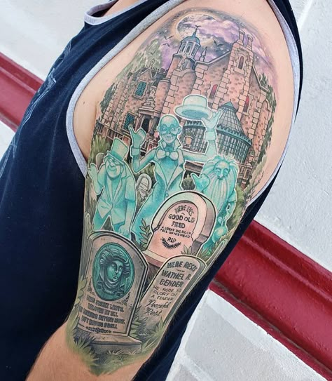 Tattoo Sleeve Themes, Mansion Tattoo, Haunted Mansion Tattoo, Halloween Sleeve, Cute Halloween Tattoos, Halloween Tattoos Sleeve, Disney Sleeve Tattoos, Hp Tattoo, Disney Sleeve