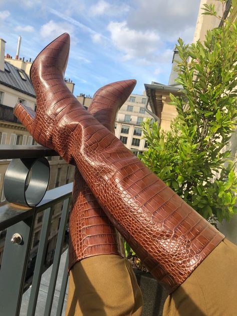 Kat Collings Paris Texas Croc Boots Paris Texas Boots, Heel Tall Boots, Texas Boots, Croc Boots, Chunky Gold Jewelry, Dreams Photo, Crocs Boots, Parisian Women, Patent Boots