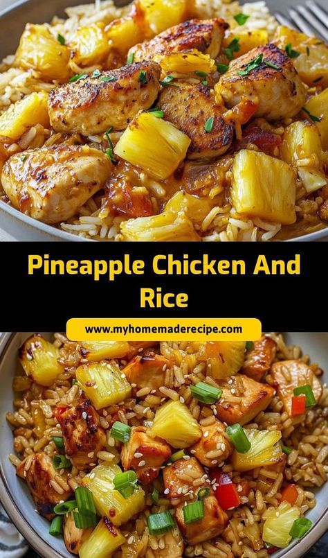 This Pineapple Chicken and Rice is a sweet and savory dinner that’s easy to make! Juicy chicken and pineapple combine with fluffy rice for a flavorful meal that everyone will love Tropical Food Recipes, Pineapple Chicken And Rice, Chicken And Pineapple, Pineapple Chicken Recipes, Juicy Baked Chicken, Unique Dinner Recipes, Easy Chicken And Rice, Fluffy Rice, Pineapple Chunks