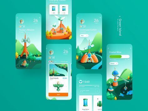 Green Island Game App by JzhDesigner on Dribbble Kids App Design, Iphone Interface, Ui Design Mobile, Idle Game, Ui Ux 디자인, Green Island, Game Gui, Game Interface, Game Ui Design