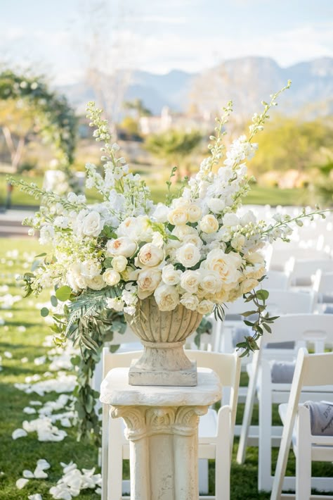 Elegant Ivory Wedding Ceremony Arrangement Flower Arrangements For Wedding Ceremony, White Floral Wedding Ceremony, White And Cream Wedding Florals, Church Florals Wedding, Elegant Outdoor Wedding Ceremony Aisle Decorations, Formal Wedding Flowers, Flower Arrangements Wedding Ceremony, Altar Florals, Montage Wedding