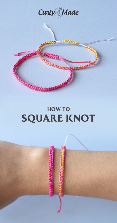 How to Make a Basic Square Knot Bracelet Friendship Bracelets Start And End, Bracelet Crafts How To Make, How To Do An Adjustable Bracelet Knot, Cotton Cord Bracelet Diy, Making Ankle Bracelets, Friendship Bracelet Square Knot, How To Do A Square Knot Bracelet, Square Knot Bracelet Pattern, How To Do Square Knot