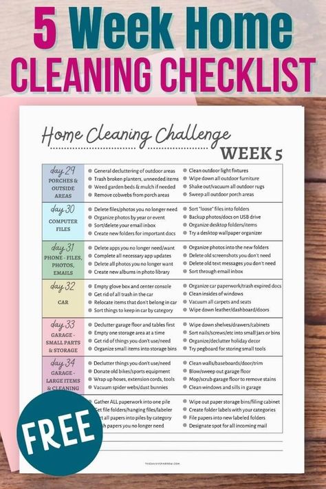 Need tips for cleaning your entire home? Grab these free printable cleaning checklists and start on the 5 week whole home cleaning and organizing challenge! This free printable home challenge focuses on one room at a time so you can clean, organize, and declutter your entire home in 5 weeks... Awesome for spring cleaning or when your house needs a refresh! House Cleaning Guide, Whole House Cleaning Schedule, Whole House Declutter, Whole House Cleaning Checklist, Organizing Checklist, House Cleaning Checklist Printable, Cleaning Checklist Printable Free, House Management, Homemaking Binder