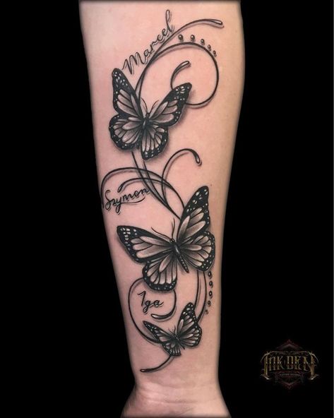 Butterfly Leg Tattoos, Butterfly Name Tattoo, Unique Butterfly Tattoos, Tattoos With Kids Names, Butterfly Tattoos For Women, Tattoo Quotes For Women, Forearm Tattoo Women, Shoulder Tattoos For Women, Butterfly Tattoo Designs