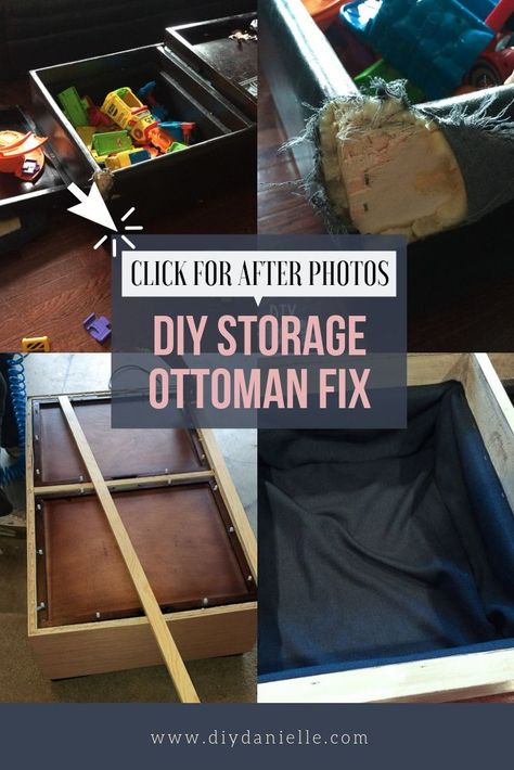 You won't believe the "AFTER" photos for this chewed up leather storage ottoman. It's ALL WOOD now and so much better.  #diy #furniture Recover Storage Ottoman Diy, Diy Footstool With Storage, Diy Storage Ottoman Coffee Table, Diy Footstool, Diy Storage Ottoman, Lego Table Diy, Leather Storage Ottoman, Lego Table, Woodworking Books