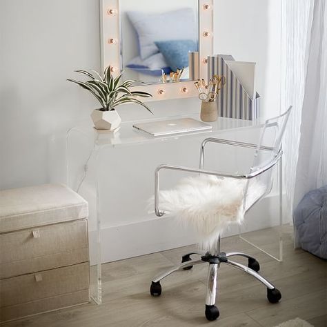 Paige Acrylic Swivel Chair #swivelchairs Clear Desk And Chair, Furniture For Small Bedrooms, Clear Desk Chair, Clear Acrylic Desk, Tufted Desk Chair, Clear Chair, Teen Desk, Garden Lounge Chairs, Clear Chairs