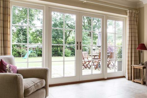 Two Sets Of French Doors To Patio, Living Room French Doors To Outside, French Doors With Windows On Each Side, Double French Doors Living Room, Multiple French Doors, Alaska Cottage, Large Patio Doors, Extension Doors, Sunroom Doors