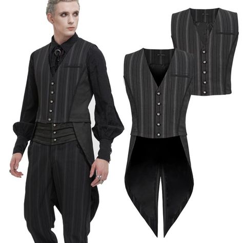 Steampunk Pinstripe Waistcoat with Detachable Tails | BOUDOIR NOIR Waistcoat With Tails, Vest With Tails, Suit Vest Outfits, Pinstripe Waistcoat, Kodona Fashion, Epic Outfits, Characters Aesthetic, Victorian Man, Galaxy Dress