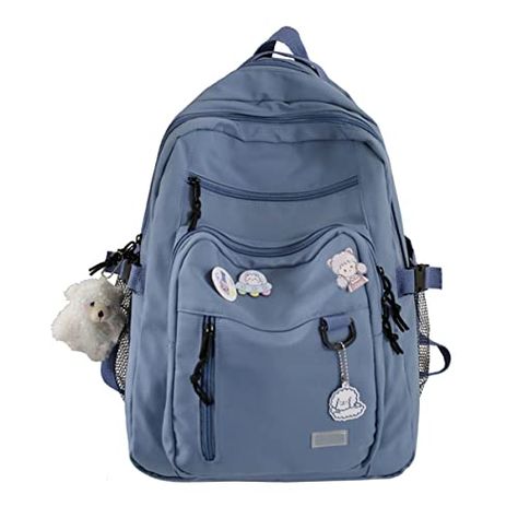 GAXOS Cute Aesthetic Backpack for School Middle Student Travel Blue Backpack Teens Girls Bear Pin Book Bags Big Backpacks For School, Preppy Backpack, High School Backpack, Cute School Bags, Aesthetic Backpack, Women Backpack Fashion, Back To School Fashion, School Bags For Girls, Laptop Rucksack