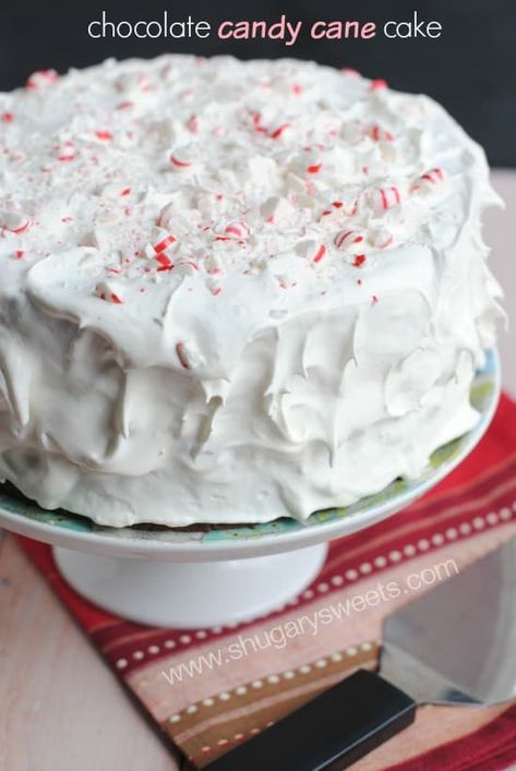 Chocolate Candy Cane Cake - Shugary Sweets Chocolate Cake With Cool Whip, Candy Cane Cake Recipe, Cake With Cool Whip, Candy Cane Cake, Holiday Cake Recipes, Chocolate Peppermint Cake, Peppermint Cake, Marshmallow Chocolate, Christmas Yummies