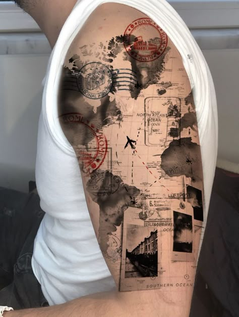 The Art of Travel: Exploring the World of World Traveler Tattoos | Aesthetic & Unique Tattoo Ideas Map Tattoos Men, World Map Tattoo Sleeve, Nautical Map Tattoo, Travel Sleeve Tattoo, Map Tattoo Sleeve, Travel Tattoo Men, Travel Tattoo Sleeve, Tattoo Brazo Mujer, World Travel Tattoos