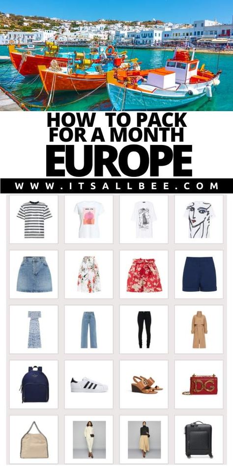 What To Pack For A Month In Europe, Month Long Trip Packing List, Europe Packing List Summer 3 Weeks, Packing For A Month In Europe, Packing For 3 Weeks In Europe Summer, Europe Summer Outfits Travel Packing, How To Pack For A Month Long Trip, Packing For One Month, What To Wear To Europe In The Summer