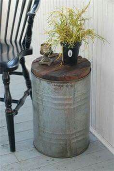 Farmhouse Porch Decor, Bucket Ideas, Tin Bucket, Galvanized Tub, Drum Side Table, Rustic Porch, Metal Barrel, Metal Drum, Farmhouse Porch