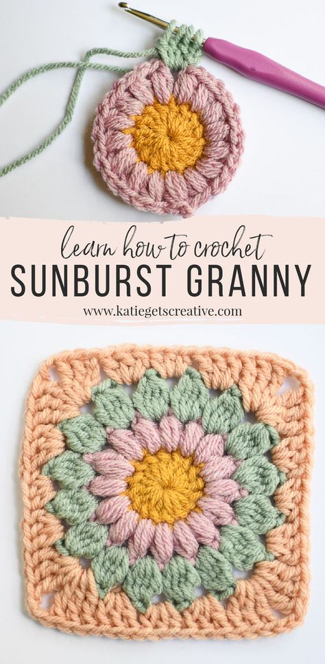 Learn how to make a beautiful Sunburst Granny Square in this step by step tutorial. This post has all my best tips to create a tight, seamless looking granny square in either a solid or multi-color. Bubble Granny Square Crochet, Granny Sunburst Pattern, Easy Granny Square For Beginners Free Pattern, Crochet Sunburst Granny Square Free Pattern, Sun Burst Crochet Granny Squares, Round Granny Square Pattern, Crochet Diagram Granny Squares, Easy Granny Square Designs, Classic Granny Square Pattern Free