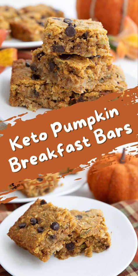 Keto Pumpkin Breakfast, Pumpkin Breakfast Bars, Keto Pumpkin Bars, Keto Pumpkin Recipes, Breakfast Bars Recipe, Thm Breakfast, Pumpkin Breakfast, Keto Bars, Keto Breakfasts