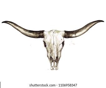 Longhorn Skull Drawing, Longhorn Skull Art, Longhorn Tattoo, Skull Watercolor, Bull Skull Tattoos, Bull Tattoos, Longhorn Skull, Western Tattoos, Skull Painting