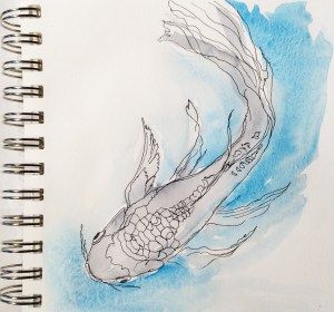 A line drawing of a fish. with a few splashes of color. Drawing Of A Fish, Line And Wash, A Line Drawing, Watercolor Dragonfly, Watercolour Ideas, Pen And Wash, Watercolor Fish, Year 8, Artist Sketchbook