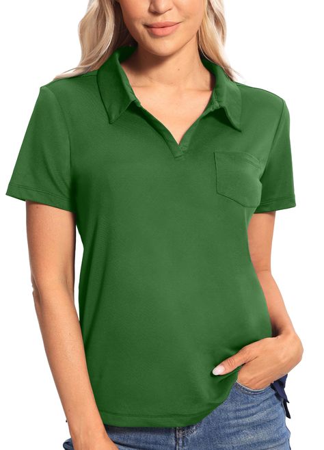 PRICES MAY VARY. Highlight your elegant neckline with the short sleeve polo, featuring a chic open V-neck collar. The functional chest pocket adds a professional touch, making this versatile shirt perfect for both work and play. Elevate your style and comfort. Stay cool and comfortable with our women's polo shirt, made from breathable, moisture-wicking pique fabric. Designed to keep you cooler than cotton, it helps relieve hot flashes and keeps you dry during intense activities. Perfect for all- Short Sleeve Collared Shirt, Womens Golf Shirts, Tennis Tops, Pique Fabric, Staying Active, Hot Flashes, Polo Shirt Women, Golf Polo Shirts, Collared Shirt