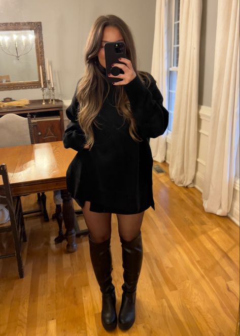 Wide Calf Knee High Boots Outfit, Black Mini Skirt And Boots Outfit, Skirt With Tall Boots Outfit, Skirt And Tights Outfit Going Out, Mini Dress And Knee High Boots Outfit, Black Skirt With Knee High Boots, Black Tights And Boots Outfit, Black Sweater And Skirt Outfit, Black Dress Black Boots Outfit