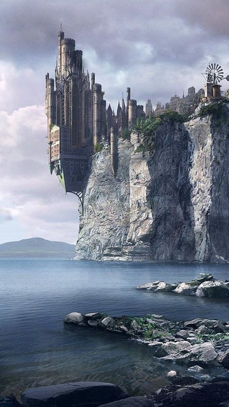 Edge of a city  castle it sits high on a cliff and hangs above the wild ocean hidden by clouds Architecture Gallery, Future Architecture, Autocad Blocks, Fantasy Castle, Fantasy City, Fantasy Setting, Fantasy Places, Beautiful Castles, A Castle