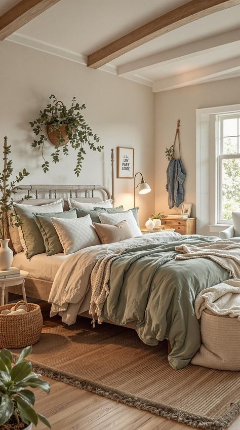 Sage Green Farmhouse Bedroom Dreamy Cozy Bedroom Aesthetic, Boho Bedroom Bedding Ideas, Green Sheets Beige Comforter, Sage Green And Tan Bedding, Cream And Green Bedroom Ideas, Sage And Cream Bedroom Ideas, Sage Green And Blue Home Decor, Bedroom Decor Ideas Cottage Core, Sage Green And Mauve Bedroom