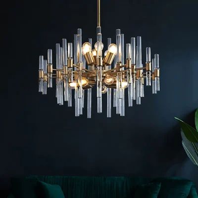 Crylick Contemporary 14-Light Glass Living Room Chandelier in Brass Chandeliers For Living Room High Ceiling, Living Room High Ceiling, Room High Ceiling, Modern Chandeliers For Living Room, Glass Living Room, Chandeliers For Living Room, Living Room Chandelier, Exquisite Decor, Tarpon Springs