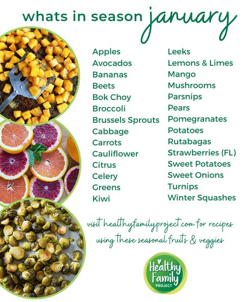 What's In Season For January? | Here's a list of what fruits and veggies are in season for the month of January. Get tips to pick, prepare and store each item, plus recipe ideas. | Healthy Family Project #seasons #january #fruits #vegetables January Fruits, Recipe Ideas Healthy, Happy January, Smoothie Popsicles, Healthy Potatoes, Aip Paleo Recipes, Seasoned Veggies, Seasonal Eating, Baked Avocado