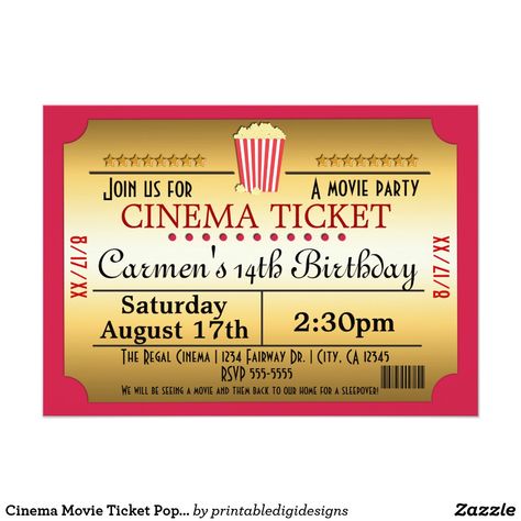 Movie Ticket Birthday Invitations, Movie Template, Ticket Party Invitations, Movie Party Invitations, Movie Birthday Party, Movie Themed Party, Movie Ticket, Night Film, Popcorn Party