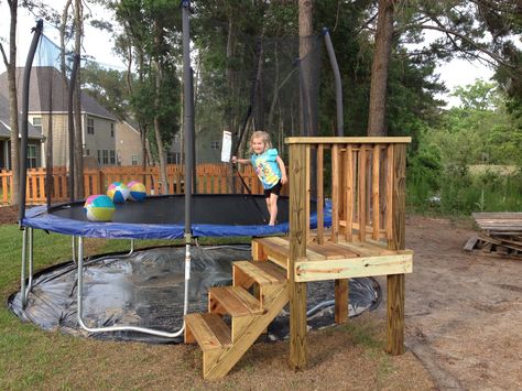 Most people would probably just buy a ladder but I like to do things on my own. Repurposed deck lumber for the new trampoline steps. Trampoline Steps, Trampoline Ideas, Trampoline Ladder, Best Trampoline, Backyard Trampoline, Kids Outdoor Play, Yard Project, Backyard Play, Pool Bar