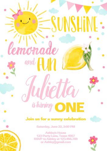 Sunshine Birthday Theme, Lemon Birthday, Sunshine First Birthday, Sunshine Birthday Parties, Pink Lemonade Party, 1st Birthday Party For Girls, Lemonade Party, Sunshine Birthday, Birthday Vintage