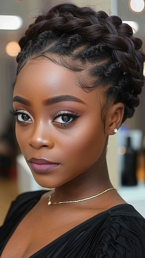 30 Must-Try Hairstyles for 4C Hair Braided Upstyles Black Hair, Short Braid Updo, Natural Updo Hairstyles Simple, Halo Braid With Curls, Protective Updos For Natural Hair, Natural Hairstyles For Black Women Wedding Guest, Elegant Protective Hairstyles, Puffs With Braids, Hairstyles For Flat Heads