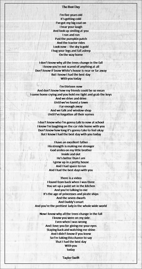 Daddy's smart and you're the prettiest lady in the whole wide world... The Best Day - Taylor Swift Song Words, Taylor Lyrics, State Of Grace, Red Taylor, Taylor Swift Songs, Taylor Swift Lyrics, Taylor Swift Quotes, The Best Day, Taylor Swift Pictures