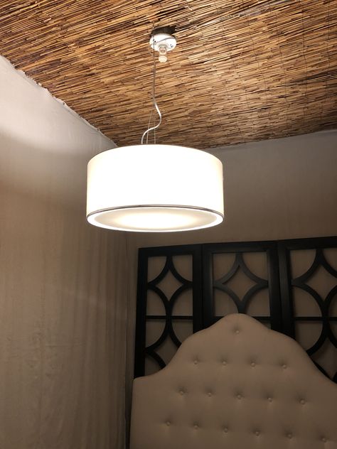 Reed Fencing On Ceiling, Spa Room Ceiling Ideas, Reed Fencing Ceiling, Cardboard Ceiling Ideas, Diy Ceiling Ideas Cheap, Bamboo Ceiling Ideas, Cheap Ceiling Covering Ideas, Reed Ceiling, Basement Music Room