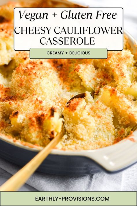 This Vegan Cheesy Cauliflower Casserole is gluten-free, easy to make and is super creamy and delicious. It is the perfect vegan side dish recipe for Thanksgiving! Vegan Cauliflower Thanksgiving Recipes, Vegan Cauliflower Casserole Recipes, Vegan International Recipes, Vegan Potato Casserole, Vegan Cheesy Cauliflower, Cauliflower Cheese Casserole, Cheesy Cauliflower Casserole, Vegan Casseroles, Cashew Cream Sauce