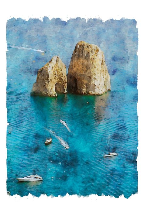 Faraglioni rock formations at the Isle Of Capri reworked in a watercolor style from my own photo Travel Watercolor, Isle Of Capri, Feb 7, Rock Formations, The Isle, Finland, Capri, Digital Prints, United States