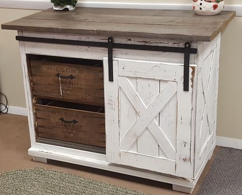 Rustic cabinet with sliding barn door, reclaimed wood top and one of a kind drawers. Farmhouse Cabinet Doors, Barn Door Tv, Kitchen Living Dining Room, Barn Door Cabinet, Rustic Farmhouse Furniture, Rustic Cabinet, Barn Door Tv Stand, Under Tv, Farmhouse Cabinets