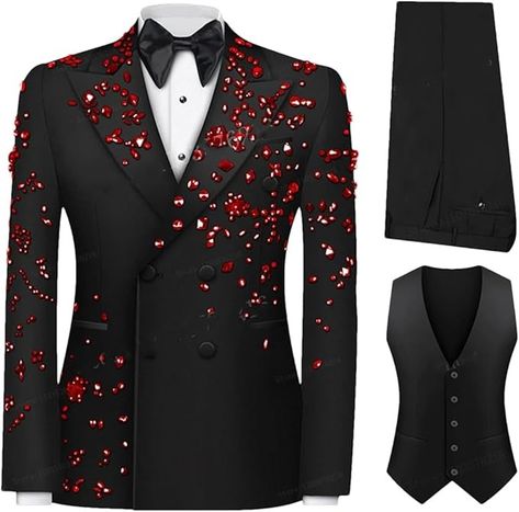 Red Prom Outfits For Guys, Red Prom Suits, Prom Suits For Men Red, Black And Red Prom Suits, Black And Red Tux, Red Suit Men, Black Red Suit, Red Prom Suit, Red Tux