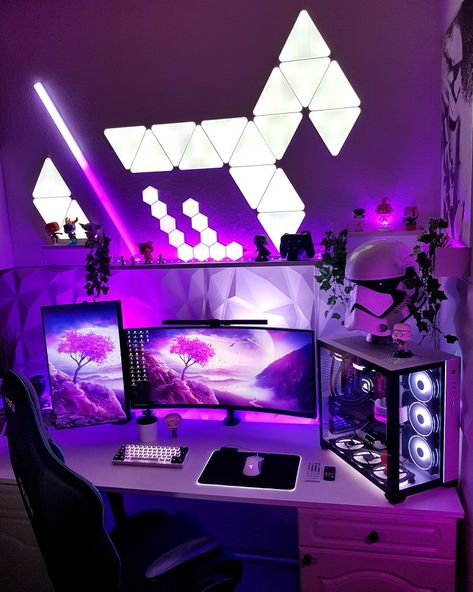 Couple Gaming Room Setup, Couples Gaming, Nanoleaf Designs, Games Room Inspiration, Purple Games, Gaming Desk Setup, Best Gaming Setup, Computer Gaming Room, Gamer Setup