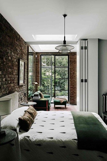 Bedroom with Exposed Brick Wall - Bedroom Design Ideas. 100s of bedroom ideas­ from design and furniture to storage and wallpaper on HOUSE. Australian Farmhouse, Brick Wall Bedroom, Interior Design Per La Casa, Living In London, Small Bedroom Designs, Charming House, London House, Brick Walls, Design Del Prodotto