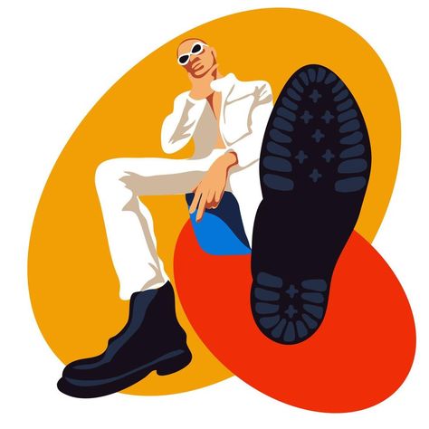 A modern fashionable guy in a suit and big boots with a raised sole. An inverted perspective. A bright, modern, fashionable guy in boots and stylish things. Illustration for stores. Sale, marketing Boots Perspective, Guy In A Suit, Things Illustration, Sale Marketing, Big Boots, Vector Art, Vector Free, Royalty, Royalty Free