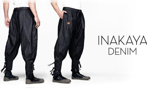 Traditional Japanese Worker Pants Get A Denim Samurai Makeover – grape Japanese Traditional Clothing Men, Modern Japanese Clothing, Samurai Fashion, Japanese Inspired Fashion, Men Aesthetic Outfits, Japanese Pants, Fashion Show Themes, Hakama Pants, Samurai Pants