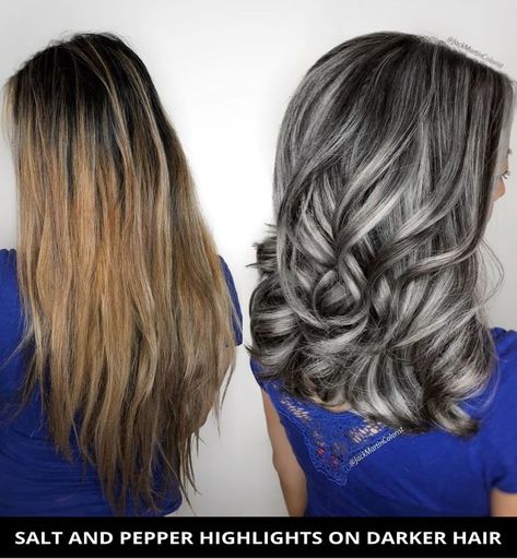 You'll love this lovely salt and pepper highlights on darker hair that's totally trending this year! Tap visit to be inspired by more of the most stunning salt and pepper hair colors for 2025. // Photo Credit: @jackmartincolorist on Instagram Cover Gray Hair, Grey Hair Transformation, Salt And Pepper Hair, Grey Hair Inspiration, Covering Gray Hair, Gray Hair Growing Out, Transition To Gray Hair, Blending Gray Hair, Gray Hair Highlights