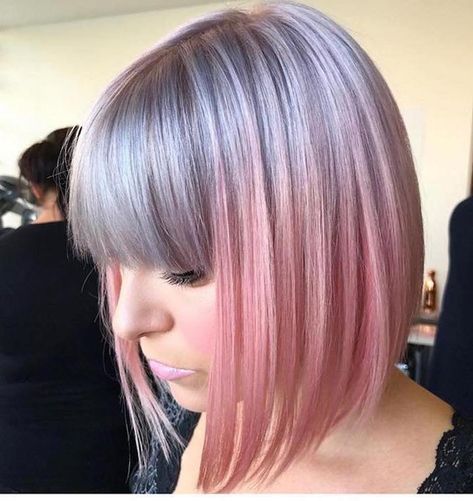 Ombre Hair Brown To Blonde, Asymmetrical Bob With Bangs, Hair Brown To Blonde, Ombre Hair Brown, Short Asymmetrical Bob, Silver Bob, Highlights Pink, Asymmetrical Bob Short, Pink Ombre Hair