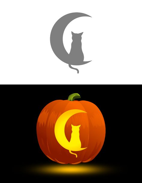 Printable Cat and Crescent Moon Pumpkin Stencil How To Carve A Cat Pumpkin, Cat On Moon Pumpkin Carving, Crescent Moon Pumpkin Carving, Moon Pumkin Carving, Simple Cat Pumpkin Carving, Witch Cat Pumpkin Carving, Pumpkin Carving Patterns Printable Free, Moon Jack O Lantern Ideas, Cat Moon Pumpkin Carving