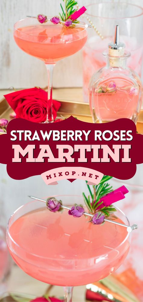 Treat the person you love to this Valentine's Day cocktail recipe! It's so easy to make. Infused with rose petals, this fresh strawberry martini is not only colorful and delicious but also a romantic Valentine's Day drink! Christmas Themed Drinks, Easy Christmas Drinks, Best Martini Recipes, Fruity Cocktail Recipes, Easy Party Drinks, Strawberry Martini, Fun Party Drinks, Easy Alcoholic Drinks, Easy Mocktail Recipes